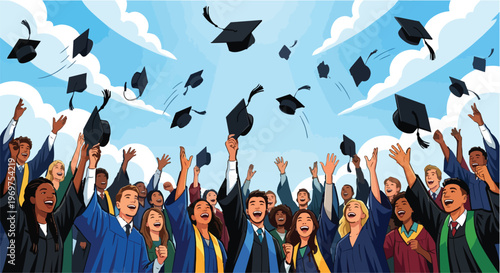 Diverse Group of Happy University Students Celebrating Graduation Day by Throwing Academic Caps into a Bright Blue Sky, Success and Education Achievement Concept Vector Illustration