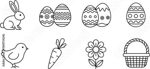 Set of minimalist black line icons representing spring and easter elements like a cute bunny chick patterned eggs and a festive basket