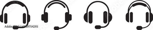 Collection of headset icons with microphone for customer support call center service and telemarketing communication.