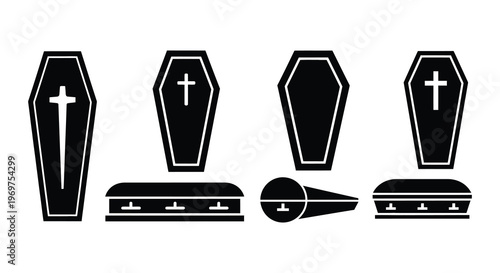 Black and white illustration of coffins casket and related funeral items