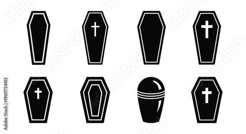Black and white illustration of coffins casket and related funeral items