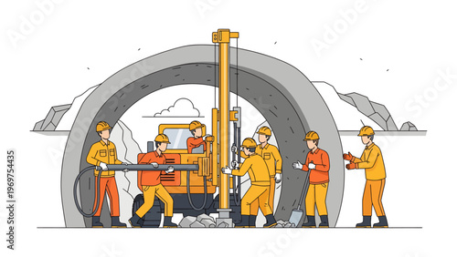 Tunnel Construction Scene: A detailed illustration showcases the engineering process of tunnel construction, featuring construction worker operating heavy machinery to create underground passage.