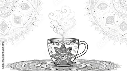 A delicate floral tea cup with steaming hot beverage on a doily