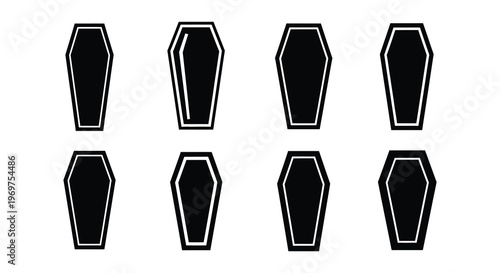 Black and white illustration of coffins casket and related funeral items