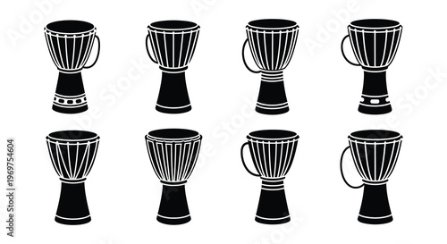 Eight black silhouette djembe drums arranged in a grid pattern