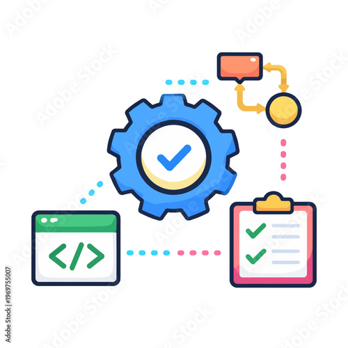 Comprehensive workflow optimization and software development process icon, illustrating task management, coding, and automated system integration