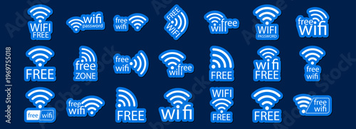 Wifi free password zone with strong signal vector icon and logo sticker sign for network access. Symbol router wave wlan fi set in round signage spot area label, available as a public design