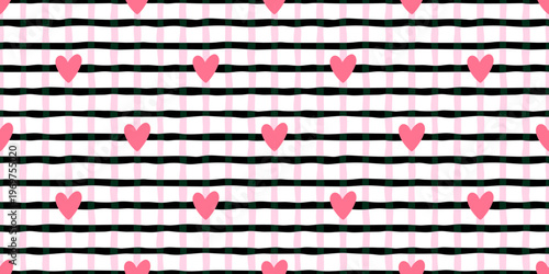Seamless pattern heart with kid y2k black for kawaii bg cute. Quilt checkered texture with 00s girly coquette for collage pastel emo. Vector background seamless with stripe kid notebook for y2k.