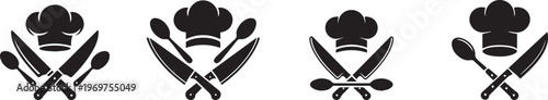 Chef hat icon with crossed spoons and knives vector illustration, cooking kitchen restaurant symbol design elements.