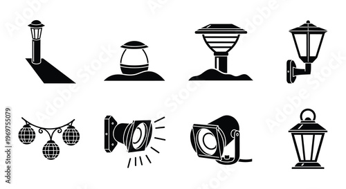 Collection of various black silhouette outdoor lighting fixtures and designs