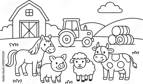 Farm animals and tractor on a farm scene