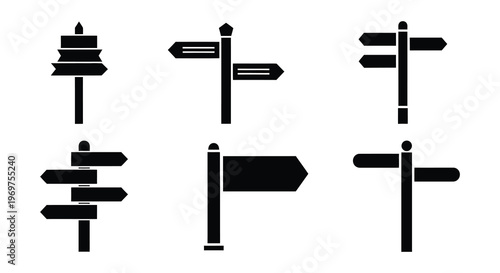 Collection of black signpost icons with multiple directional arrows