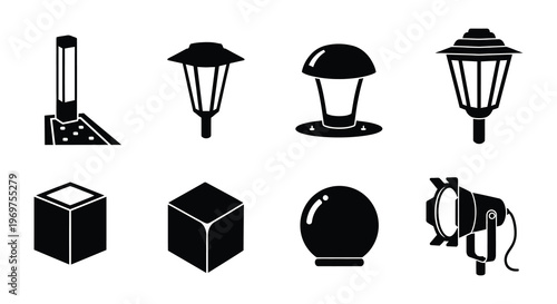 Collection of various black silhouette outdoor lighting fixtures and designs