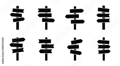 Collection of black signpost icons with multiple directional arrows