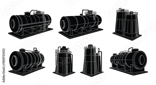 Black and white illustration depicting various industrial storage tanks