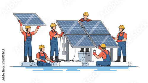Solar Panel Installation: A team of diligent workers meticulously installs solar panels, embracing a sustainable energy future, working together towards a cleaner environment.