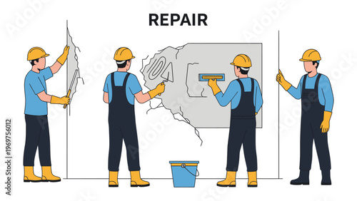 Wall Repair Process: An illustration depicting the meticulous process of wall repair, where skilled professionals meticulously patch, smooth, and restore damaged surfaces.
