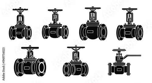 Technical illustration of various industrial valves in a black and white style