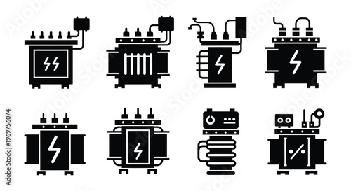 Collection of electrical transformers in a black and white silhouette style