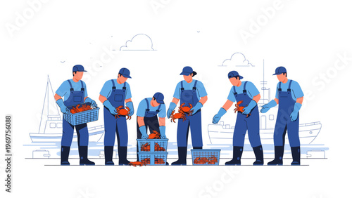 Coastal Harvest: A team of dedicated fishermen engage in the traditional practice of harvesting their fresh seafood catch, highlighting the rhythm of coastal life.