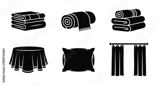 Black and white illustration of folded towels bedding and window treatments