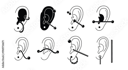 Variety of ear piercings illustrated with different jewelry styles