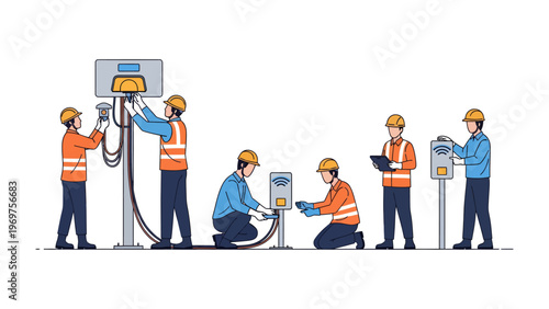 Energy Infrastructure: Engineers and workers diligently collaborate on the intricate installation of energy infrastructure.