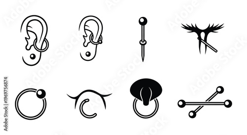 Variety of ear piercings illustrated with different jewelry styles