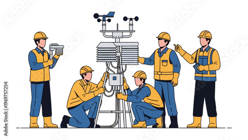 Weather Station Installation: A team of skilled technicians meticulously assembles a weather station, showcasing precision and teamwork in their work.