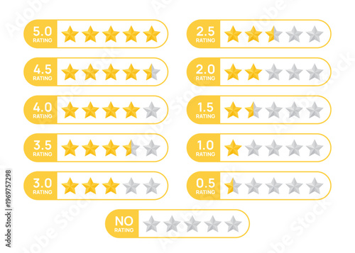 Five star rating. 5 review icons. Yellow gray feedback rate signs. Product evaluation rank. Satisfaction golden marks isolated. Quality appraisal system on white background. Vector illustration.