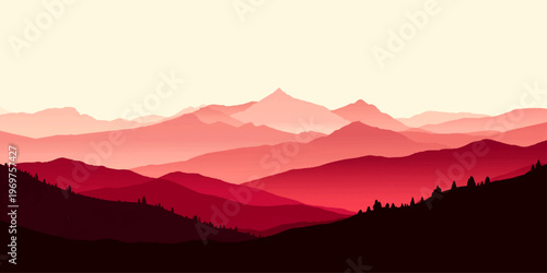 A misty sunrise and sunset glow over a mountain forest landscape as light pierces the fog across the distant peaks and valley horizon