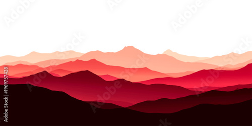 A misty blue sunset silhouettes a mountain range valley as the sun dips below the horizon in this vector landscape illustration