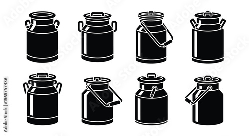 Collection of black and white milk cans in various shapes and sizes
