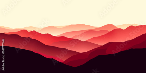 Abstract vector illustration of a red mountain landscape at sunset featuring misty hills and forest silhouettes under a foggy morning sky