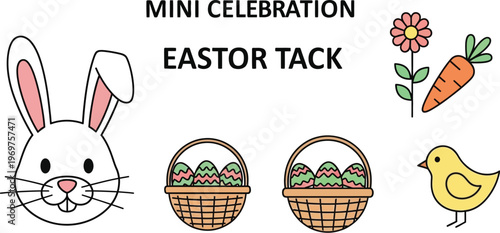 A delightful collection of cartoon Easter illustrations including a cute bunny, decorated eggs in baskets, a spring flower, a fresh carrot, and a little yellow chick, perfect for festive designs.