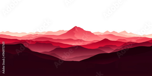 Misty red mountain peaks and snow covered hills under a sunset sky create a serene nature landscape with a fog filled valley at the forest horizon