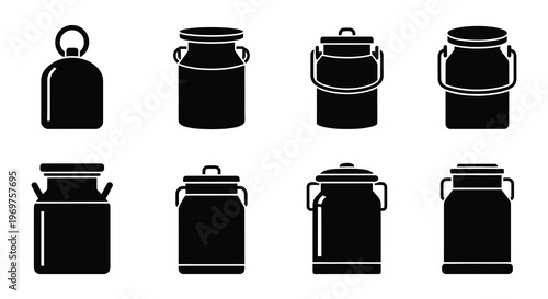 Collection of black and white milk cans in various shapes and sizes
