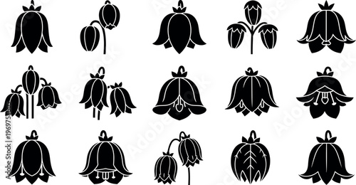 Black and white bell flower bell flowers flower floral botanical simple line white background flower silhouettes