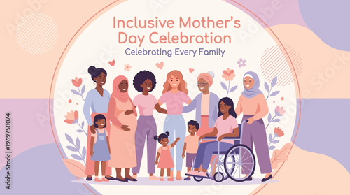 Inclusive Mothers Day Celebration 2026 Vector Illustration Featuring Diverse Women and Families