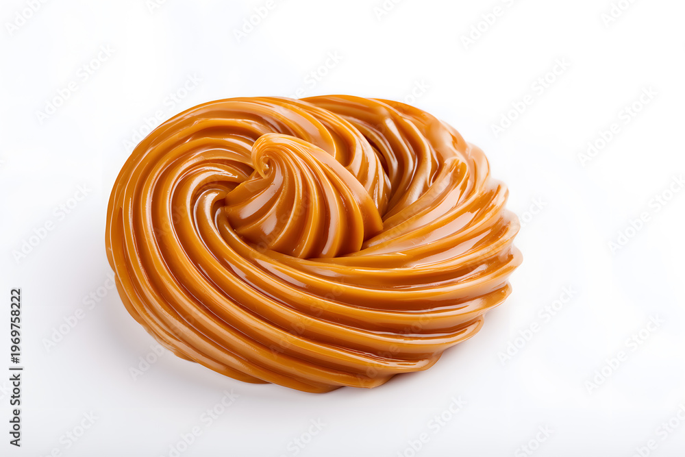 Fototapeta premium Smooth caramel cream swirl isolated on white background. Glossy dessert texture with rich color and soft creamy shape.