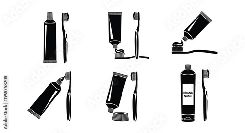 Black silhouettes of toothpaste tubes and toothbrushes arranged in a grid