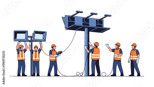 Billboard Installation Team at Work: A team of dedicated technicians is diligently working together to erect a new billboard, showcasing their expertise and collaboration