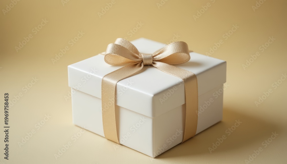 Obraz premium Elegant white gift box with a golden satin bow on a warm beige background