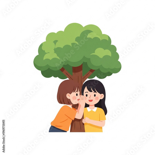 Two children whispering secrets beside a large green tree  