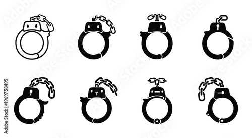 Black and white illustration depicting various views of metal handcuffs