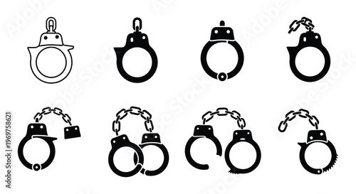 Black and white illustration depicting various views of metal handcuffs