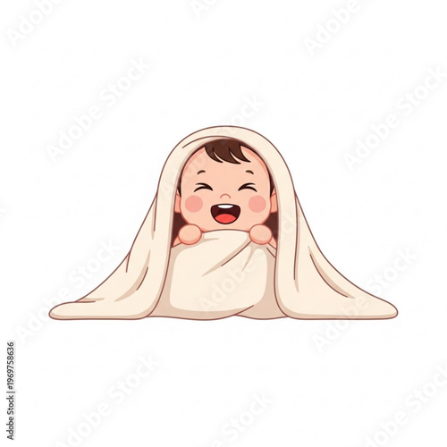 Happy baby smiling under a cozy blanket with cheerful expression  