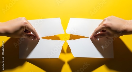 A closeup of a person’s hands holding a blank white paper document in a professional office business concept