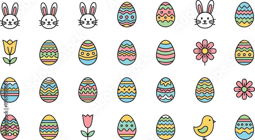 A delightful collection of colorful Easter icons featuring charming bunnies, beautifully patterned eggs, and sweet spring flowers, perfect for holiday designs and festive celebrations.