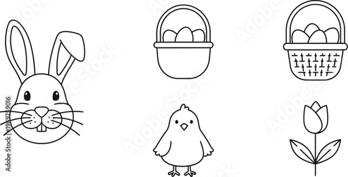 This charming collection of simple black and white outline vector icons perfectly represents the joyous spirit of Easter and delightful spring holiday celebrations.